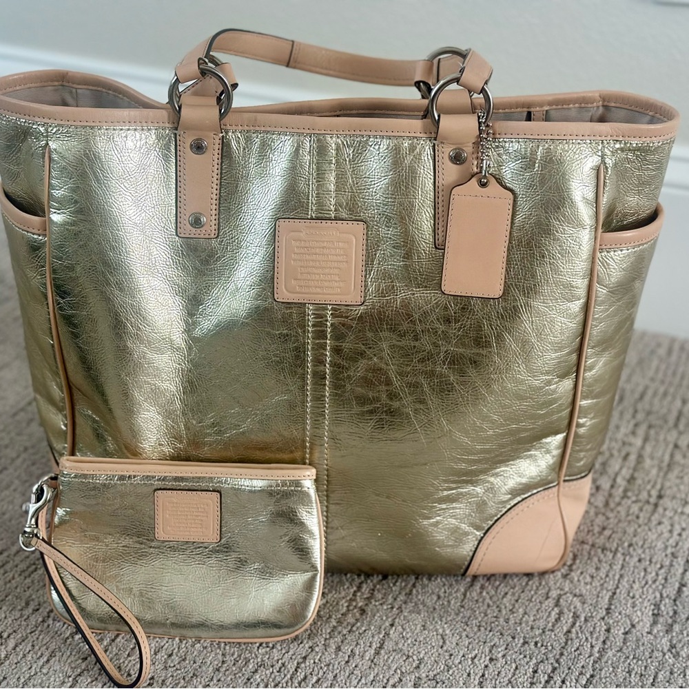 Coach Gold Metallic Tote Bag with Beige Trim - perfect for the pool!